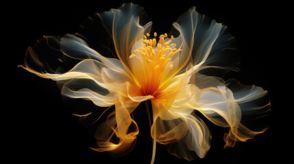 Fototapeta na wymiar Golden x-ray image of a ethereal flower on black. Fantasy mystical blossom. Generative AI