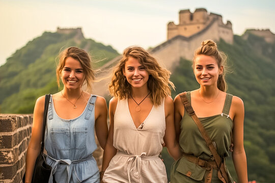 Girls travel on the Chinese wall. Generative AI