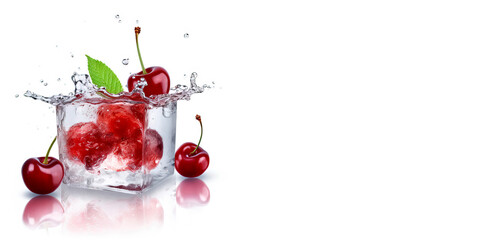 Fototapeta na wymiar Sweet cherries inside ice cube. Water splash from falling berries. Cherries are reflected on the glossy surface. Original cherry composition. AI generated