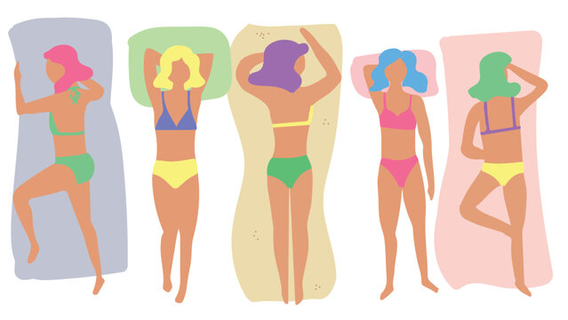 Isolated set of vector  hand drawn female silhouette in bikini. Summer print. Sketch girl in swimsuit, woman sunbathing on the beach, pool. Vector cartoon simple style illustration. Sea Doodle pattern
