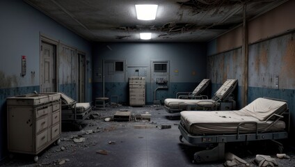 Hospital inside an abandoned base, with empty beds and old medical equipment along cracked walls. Generative AI