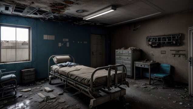 Hospital inside an abandoned base, with empty beds and old medical equipment along cracked walls. Generative AI