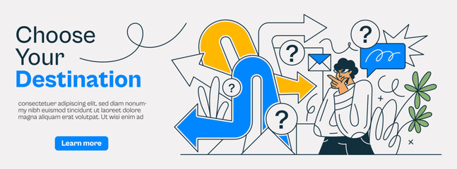 Business decision making, career path, work direction or choose the right way to success concept, confusing man. Flat vector illustration isolated on white background