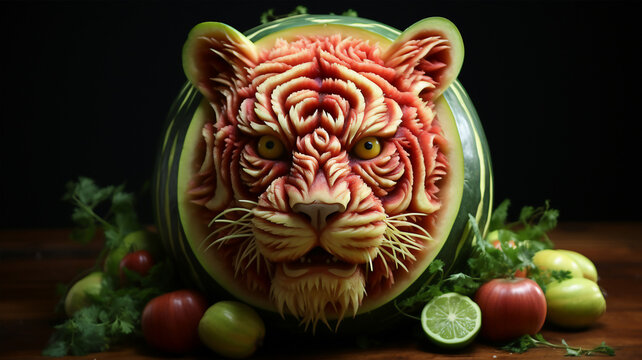  Fruit and Vegetable carvings, Watermelon carving detail of tiger head, Display decoration for Hotel or Restaurant menu design,Generative Ai