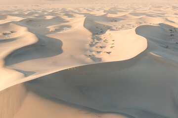Scenic view on natural ripple sand pattern during sunrise at. Morning desert.
Top down view of sand dunes, aerial.
Global warming