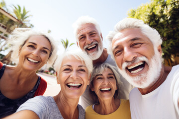 Happy group of senior people taking selfie and smiling at the camera on summer vacation. Pensioners traveling and having fun together on summer holiday