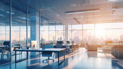 a blurred background of a light modern office interior with panoramic windows and beautiful lighting created by generative AI