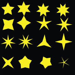 Star shape icons. Rating stars and favorites icon in yellow, starburst shape color isolated vector set