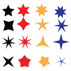 Star shape icons. Rating stars and favorites icon in yellow, starburst shape color isolated vector set, twinkle, shiny flash. Glowing light effect stars and bursts collection. Vector