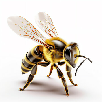 Close-up isolated image of a bee on a white background. Generative AI, illustration