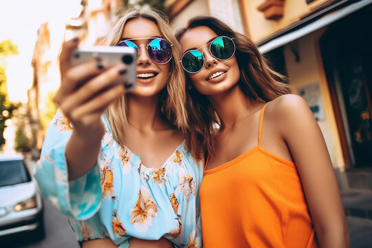 Two young female models in summer taking selfie photo for social media on smart phone on street background