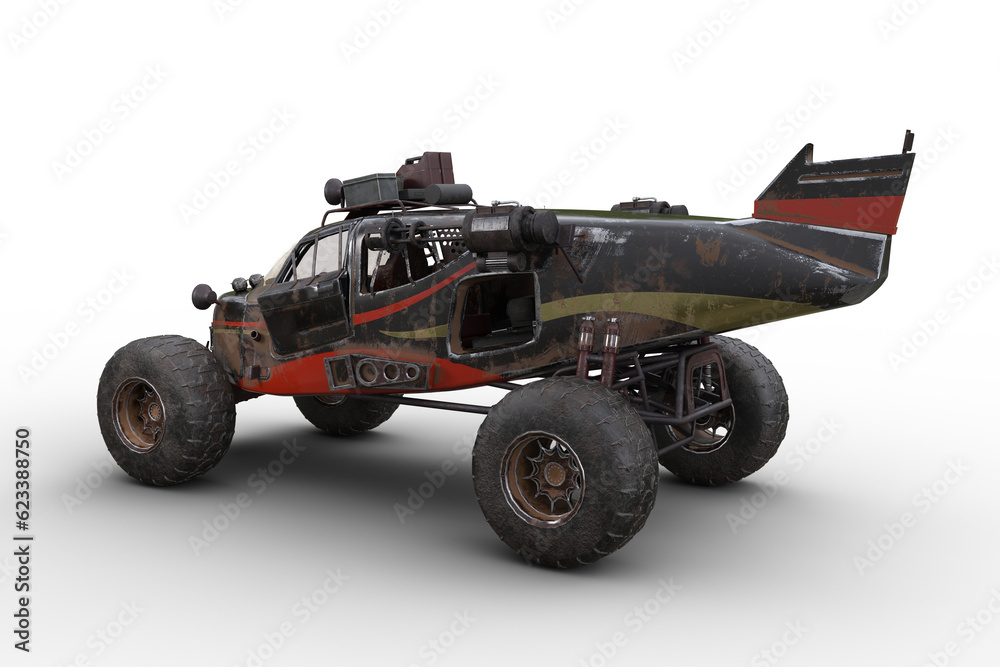 Poster post apocalyptic wasteland car made from scrap plane parts. isolated 3d rendering.