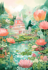 Fantasy watercolor landscape with flowers garden. Beautiful watercolor floral illustration with bright saturated colors. AI generated.