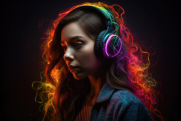 Portrait of woman dj in sunglasses and headphones on glowing background. generative AI