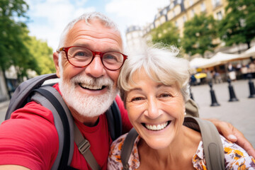 Happy Older Couple take selfie on vacation, Paris in background. Funny senior couple arrive at their vacation spot in Paris France