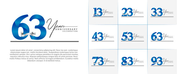 set of anniversary logo with blue number and silver ribbon, handwriting text can be use for celebration