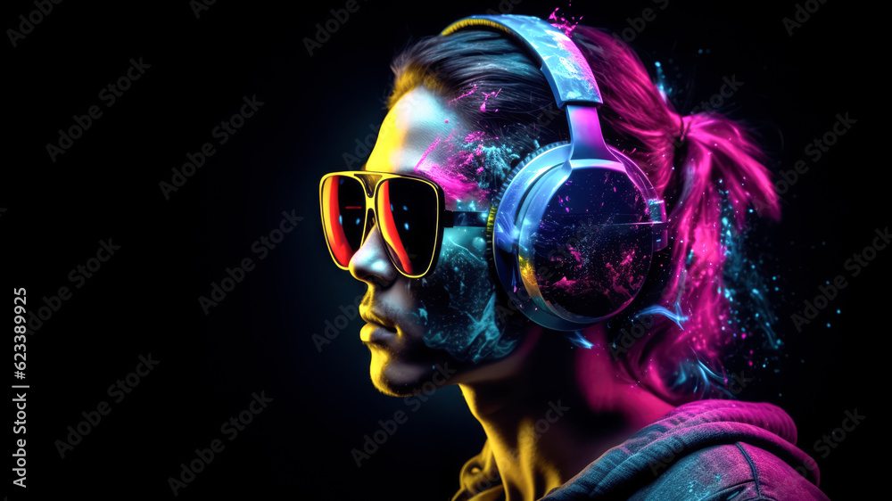 Wall mural Portrait of man dj in eyewear and headphones in neon lights. generative AI