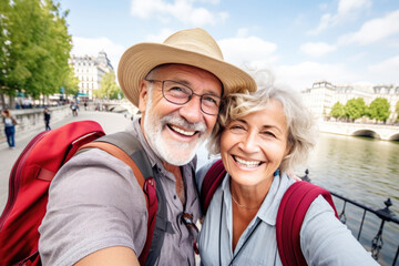 Fototapeta Happy Older Couple take selfie on vacation, Paris in background. Funny senior couple arrive at their vacation spot in Paris France obraz