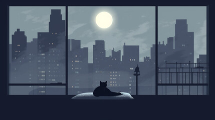 A minimalist representation of a cat curled up on a windowsill, with a moonlit cityscape in the background Generative AI