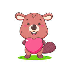 Obraz na płótnie Canvas Cute Beaver Cartoon Character holding love heart Mascot vector illustration. Kawaii Adorable Animal Concept Design. Isolated White background.