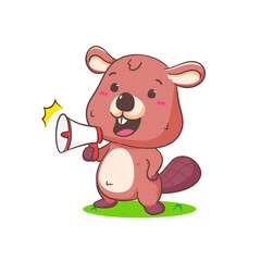 Cute Beaver Cartoon Character holding megaphone Mascot vector illustration. Kawaii Adorable Animal Concept Design. Isolated White background.