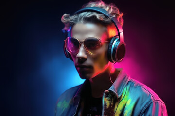Portrait of man dj in eyewear and headphones on dark background. generative AI