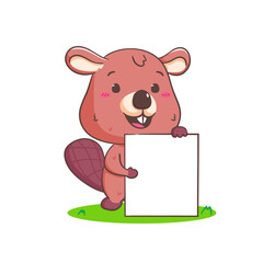 Cute Beaver Cartoon Character holding empty board Mascot vector illustration. Kawaii Adorable Animal Concept Design. Isolated White background.