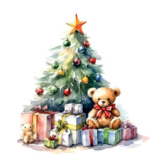 Beautiful christmas tree gifts watercolor, great design for any purposes. Holiday greeting card design. New year symbol.