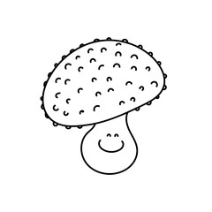 Mushroom in doodle style. Abstract mushroom, linear style. Cute mushroom smiles. Porcini. Vector illustration isolated on a white background.