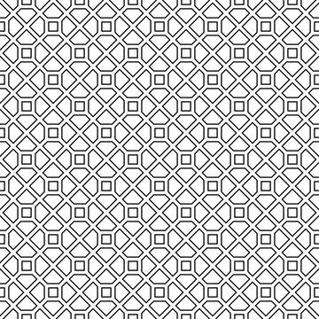 Repeated black polygons on white background. Symmetric geometric figures wallpaper. Seamless surface pattern design with pentagons and squares. Tiles motif. Digital paper for textile print. Vector art