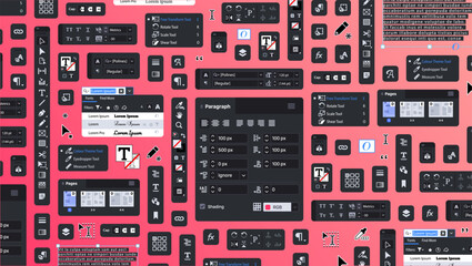 Background of typographic processing tools. Settings for Page Layout and Publishing. Designer bg. Set of icon panels and tools for printing designers. Buttons and icons for polygraphy. Toolbar. Vector - obrazy, fototapety, plakaty