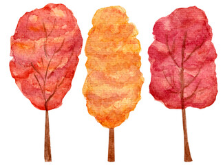 Watercolor autumn set of various colorful tree, isolated on white background. For various products, cards, greeting, etc