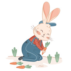 Cute and kawaii vector illustration of gardener rabbit, clipart, sticker, carrot, garden, kid, baby, childish, infant