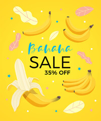 Obraz premium Tropical banana fruit design template. Exotic fruit poster with SALE text. Design for invitation, banner, card, poster, flyer. Vector illustration in cartoon flat style. Healthy diet menu nutrition