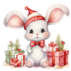 Single smile cute bunny red bow and group gift box