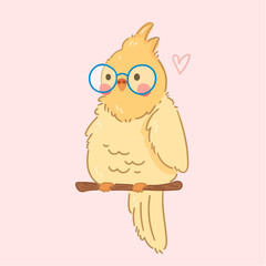 Cute pink vector illustration of parrot with glasses - clipart, kawaii, child, kid, baby, sticker, wrapping