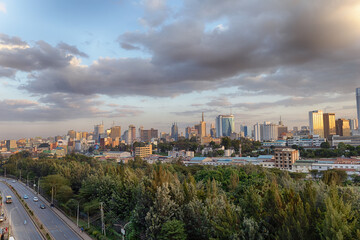 Skyline of Nairobi city at sunset
