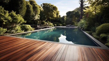 swimming pool and decking in garden of luxury home Generative AI