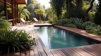 swimming pool and decking in garden of luxury home Generative AI