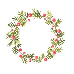 Fototapeta na wymiar Bunch of pine leaves with red berry wreath watercolor illustration for decoration on Christmas holiday events,