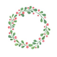 Green leaves with red berry wreath watercolor for decoration on Christmas holiday event.