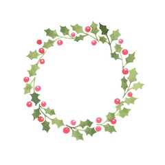 Green holly leaves with red berry wreath watercolor for decoration on Christmas holiday event.