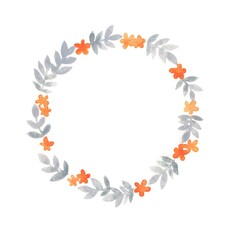 Abstract grey bunch of leaves and orange flower wreath watercolor illustration for decoration on nature and autumn seasonal.