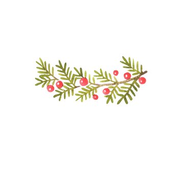 Bunch of pine leaves with red berry border watercolor illustration for decoration on Christmas holiday events,