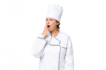 Middle-aged chef woman over isolated background yawning and covering wide open mouth with hand