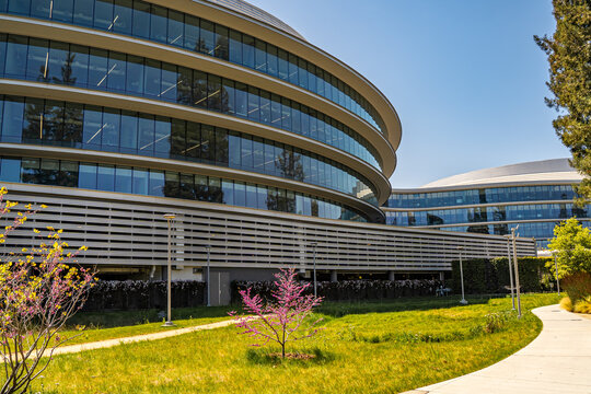 Modern office buildings in the new Apple campus. 