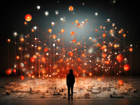 Experience the awe-inspiring aerial view of a crowd, where a intricate web of connections weaves through the individuals, highlighting the interconnectedness and relationships within the community. AI