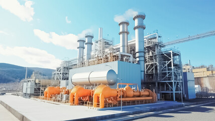 Obraz premium Chemical factory. Hydrogen gas storage tanks. Spherical storage for chemical products. Green Hydrogen renewable energy production facility. 