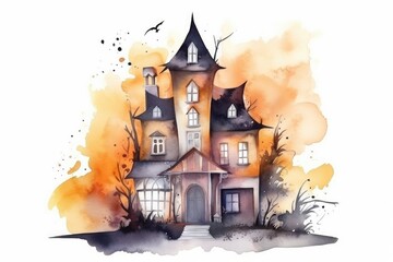 Fototapeta na wymiar Watercolor illustration of an old house, halloween concert.