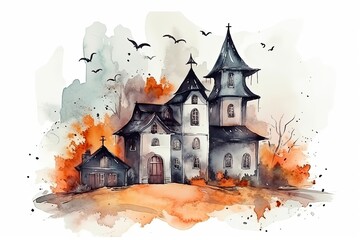 Fototapeta na wymiar Watercolor illustration of an old spooky house in autumn weather with birds above it. Halloween holiday.